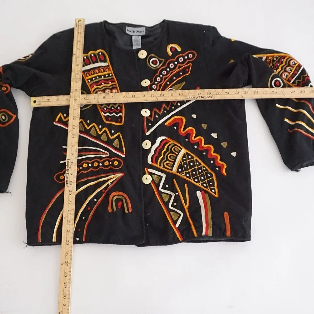 Vintage Indigo Moon Embroidered Black Jacket Boho Artsy Eclectic Grandmacore L - Picture 2 of 10
